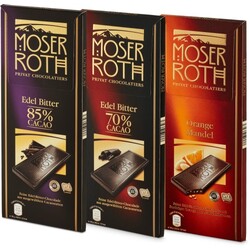 Moser-Roth - Verschiedene Sorten: Edel Bitter 70 % Cacao/Edel Bitter 85% Cacao/Orange Mandel