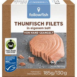 followfish Thunfisch Filets, in eigenem Saft, MSC Zertifizierung, Fair Trade